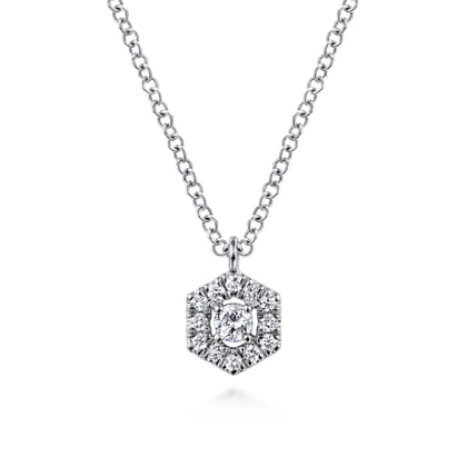 14K White Gold Round Diamond Hexagonal Halo Pendant Necklace