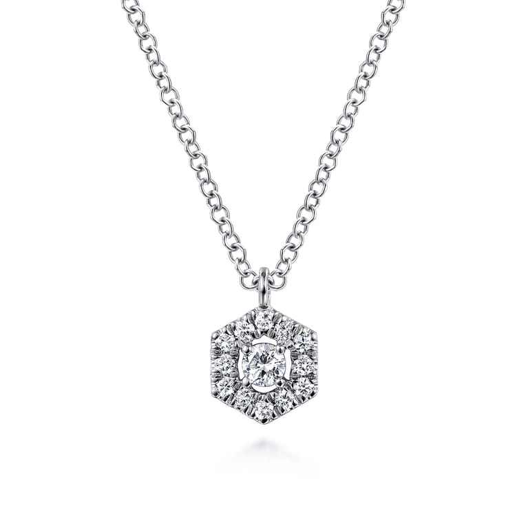 14K White Gold Round Diamond Hexagonal Halo Pendant Necklace - 0.13 ct - Shot 1