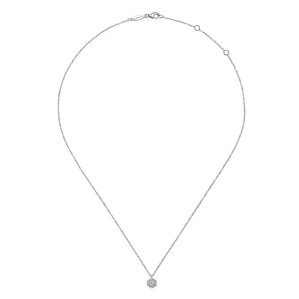 14K White Gold Round Diamond Hexagonal Halo Pendant Necklace