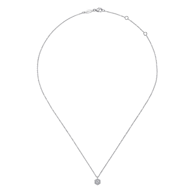 14K White Gold Round Diamond Hexagonal Halo Pendant Necklace - 0.13 ct - Shot 2