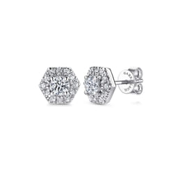 14K White Gold Round Diamond Hexagonal Halo Stud Earrings