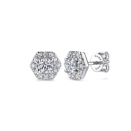 14K White Gold Round Diamond Hexagonal Halo Stud Earrings