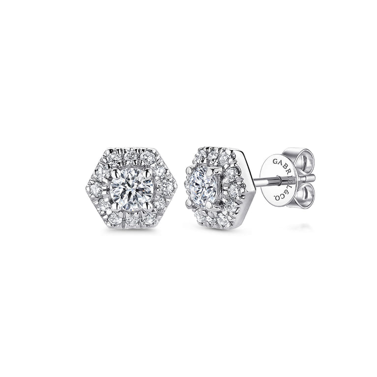 14K White Gold Round Diamond Hexagonal Halo Stud Earrings - 0.25 ct - Shot 1