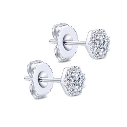 14K White Gold Round Diamond Hexagonal Halo Stud Earrings