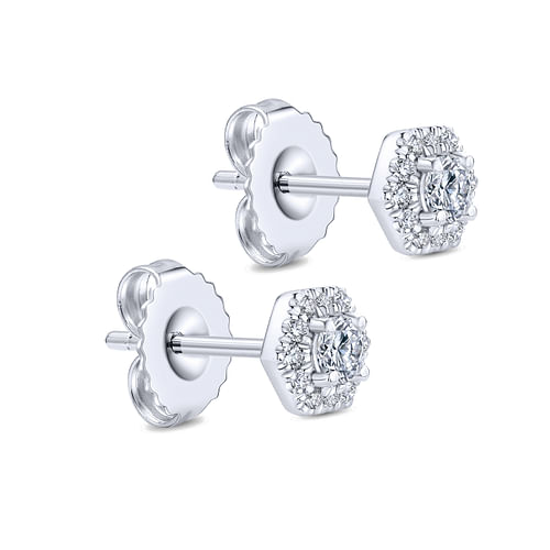 14K White Gold Round Diamond Hexagonal Halo Stud Earrings - 0.25 ct - Shot 2