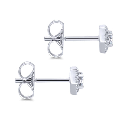 14K White Gold Round Diamond Hexagonal Halo Stud Earrings