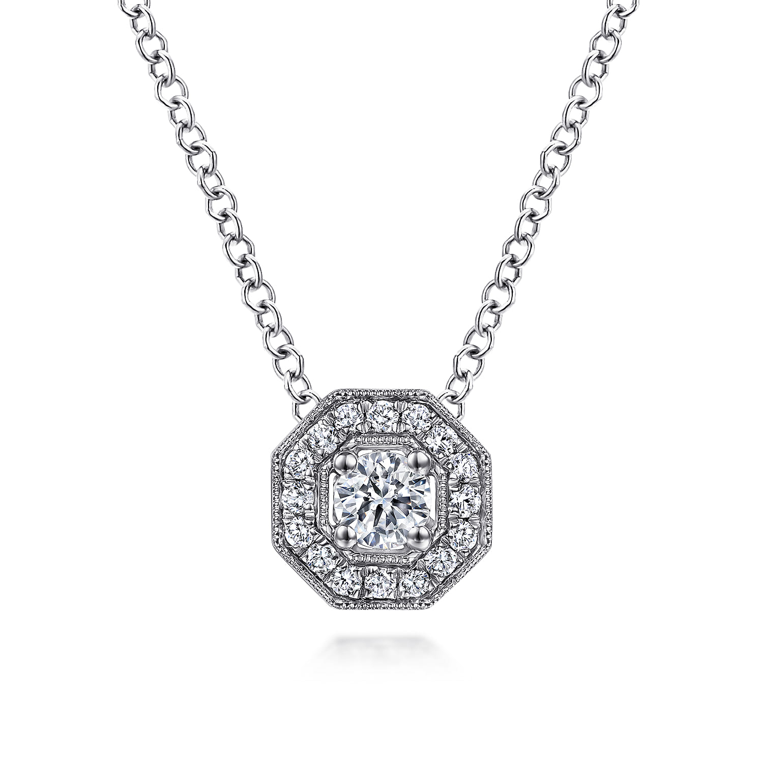14K White Gold Round Diamond Octagonal Halo Pendant Necklace - 0.22 ct - Shot 1
