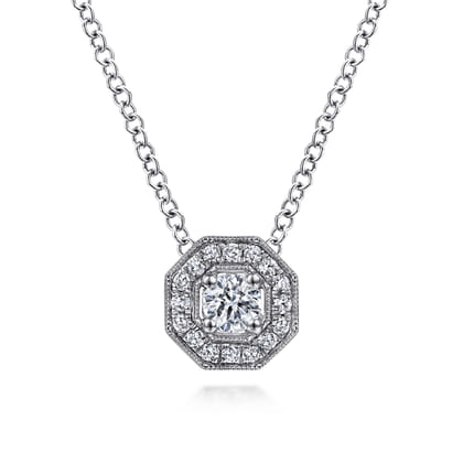 14K White Gold Round Diamond Octagonal Halo Pendant Necklace