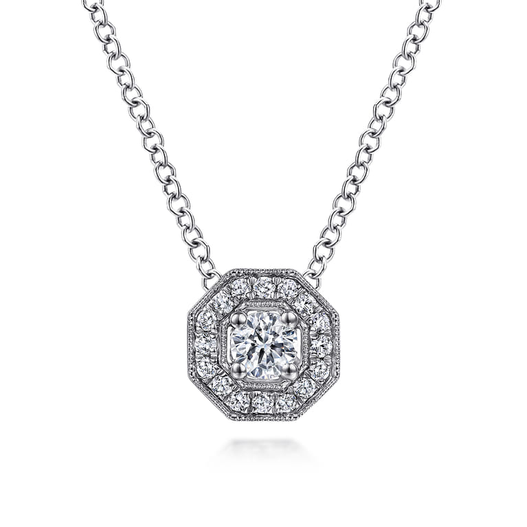 14K White Gold Round Diamond Octagonal Halo Pendant Necklace - 0.22 ct - Shot 1