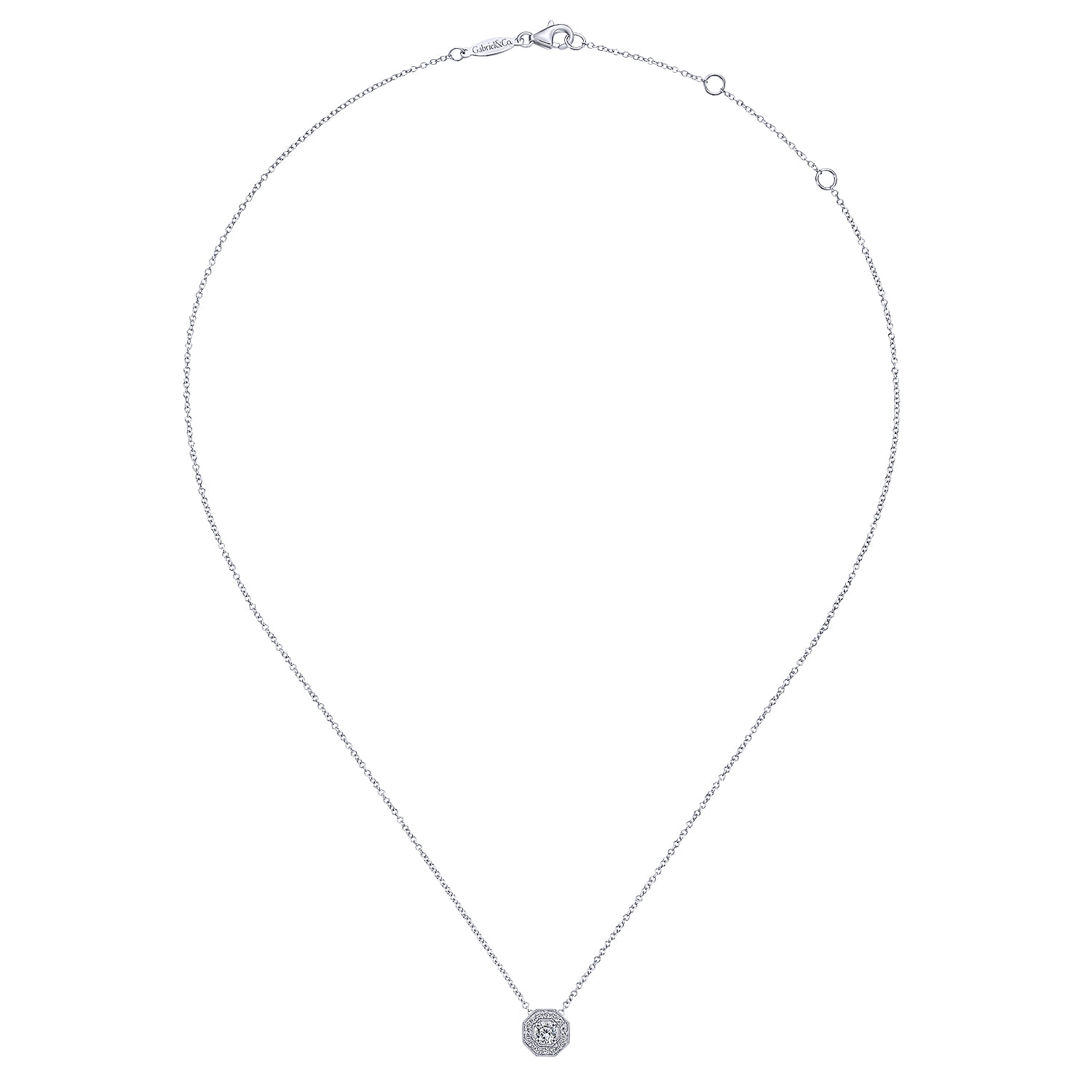 14K White Gold Round Diamond Octagonal Halo Pendant Necklace - 0.22 ct - Shot 2