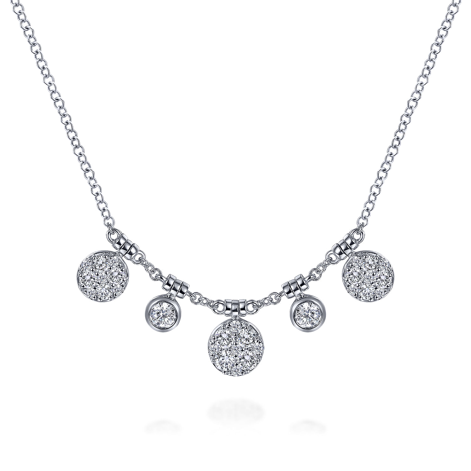 14K White Gold Round Diamond Pave and Bezel Charm Necklace
