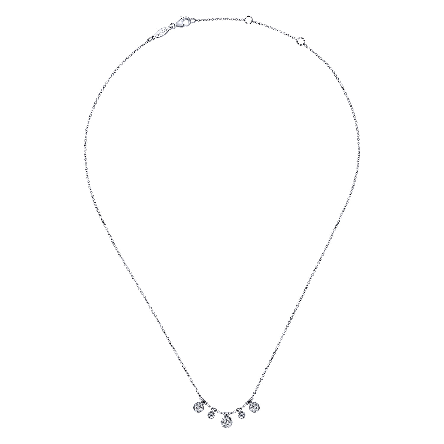 14K White Gold Round Diamond Pave and Bezel Charm Necklace