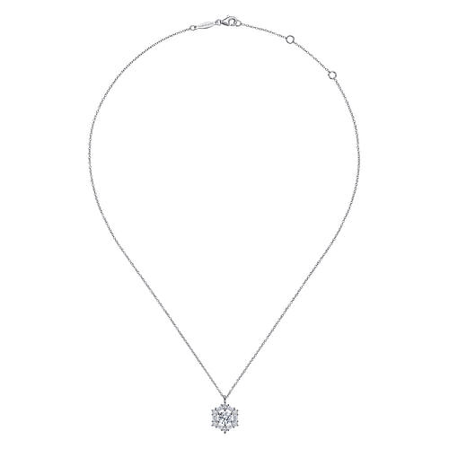 14K White Gold Round Diamond Pendant Necklace with Baguette and Round Hexagonal Halo - 0.45 ct - Shot 2