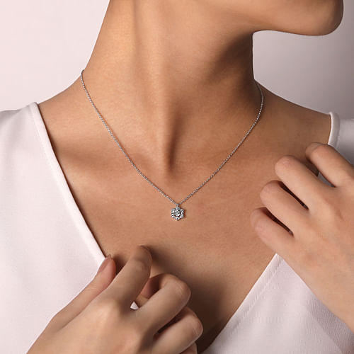 14K White Gold Round Diamond Pendant Necklace with Baguette and Round Hexagonal Halo - 0.45 ct - Shot 3