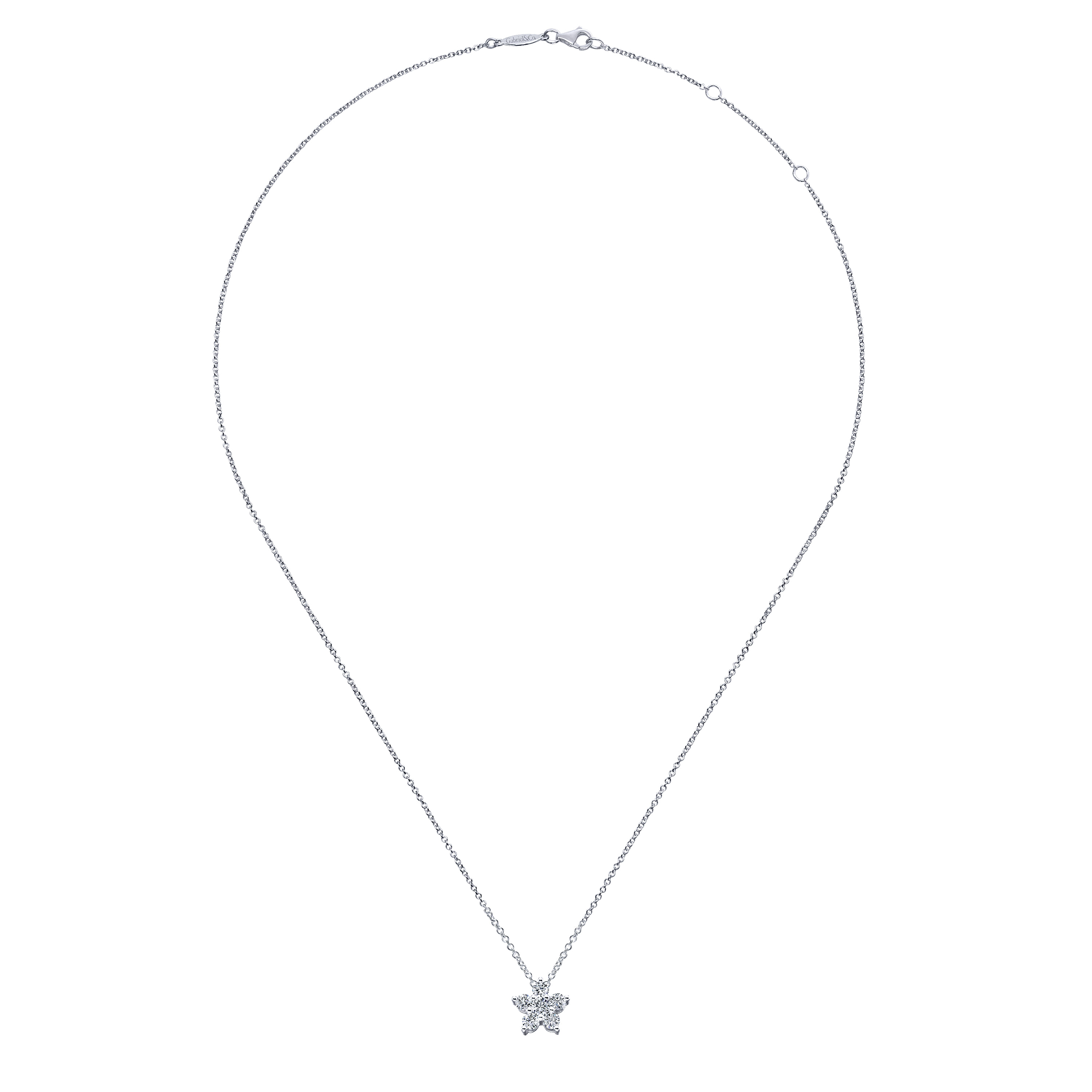 14K White Gold Round Diamond Star Inspired Pendant Necklace