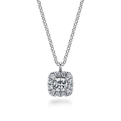 14K White Gold Round Diamond with Cushion Halo Pendant Necklace