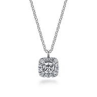 14K White Gold Round Diamond with Cushion Halo Pendant Necklace