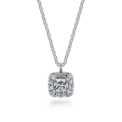 14K White Gold Round Diamond with Cushion Halo Pendant Necklace