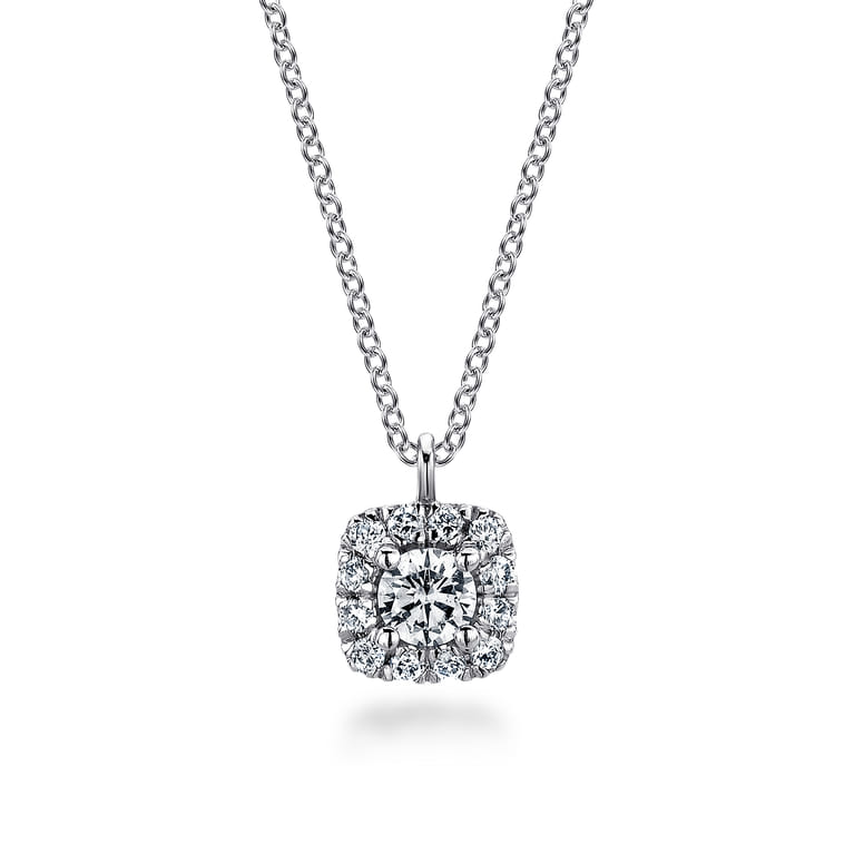 14K White Gold Round Diamond with Cushion Halo Pendant Necklace - 0.2 ct - Shot 1
