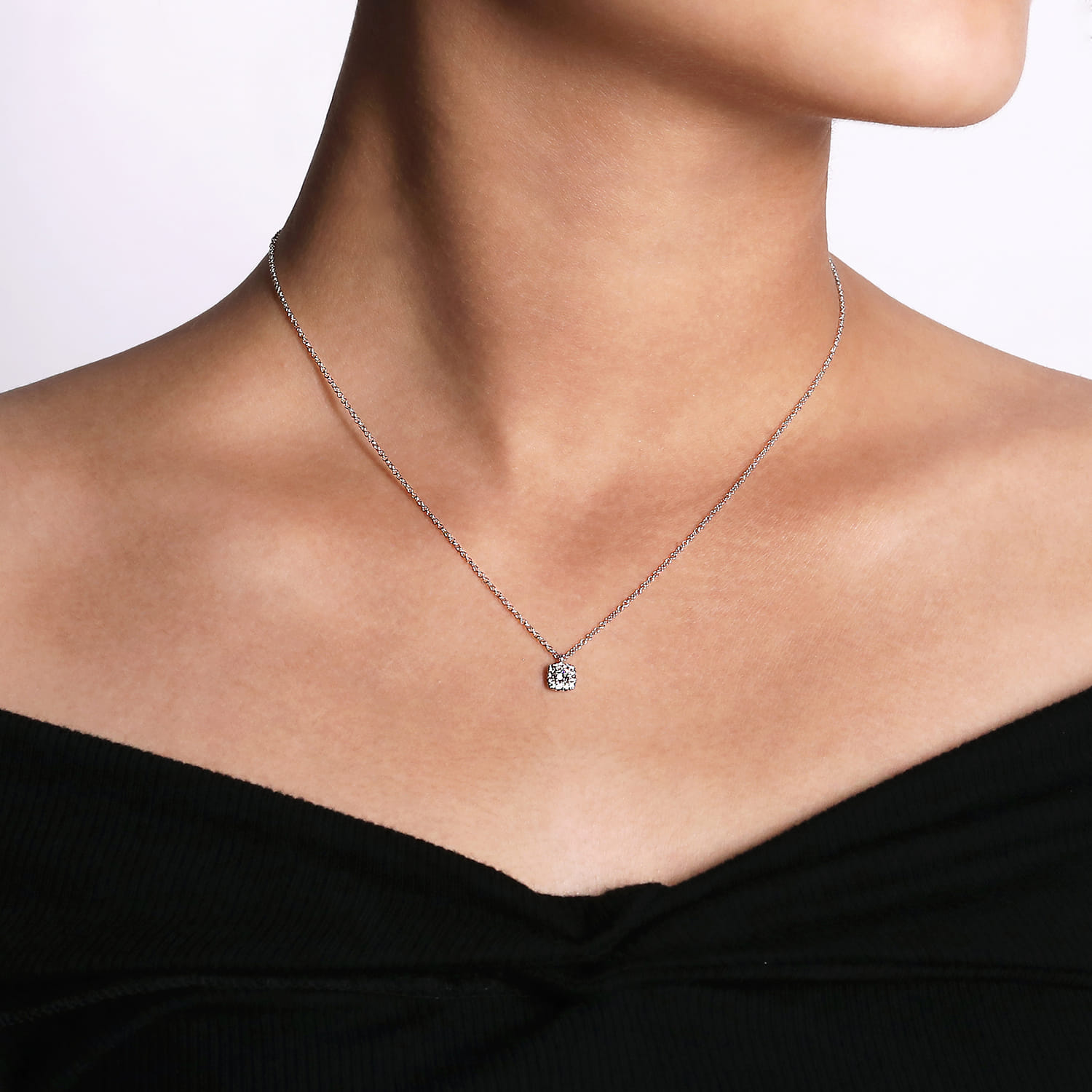 14K White Gold Round Diamond with Cushion Halo Pendant Necklace - 0.2 ct - Shot 3