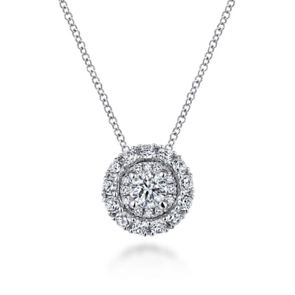 14K White Gold Round Double Halo Diamond Pendant Necklace