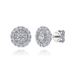 14K White Gold Round Double Halo Diamond Stud Earrings
