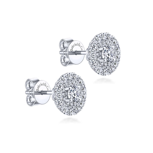 14K White Gold Round Double Halo Diamond Stud Earrings - 1.45 ct - Shot 2