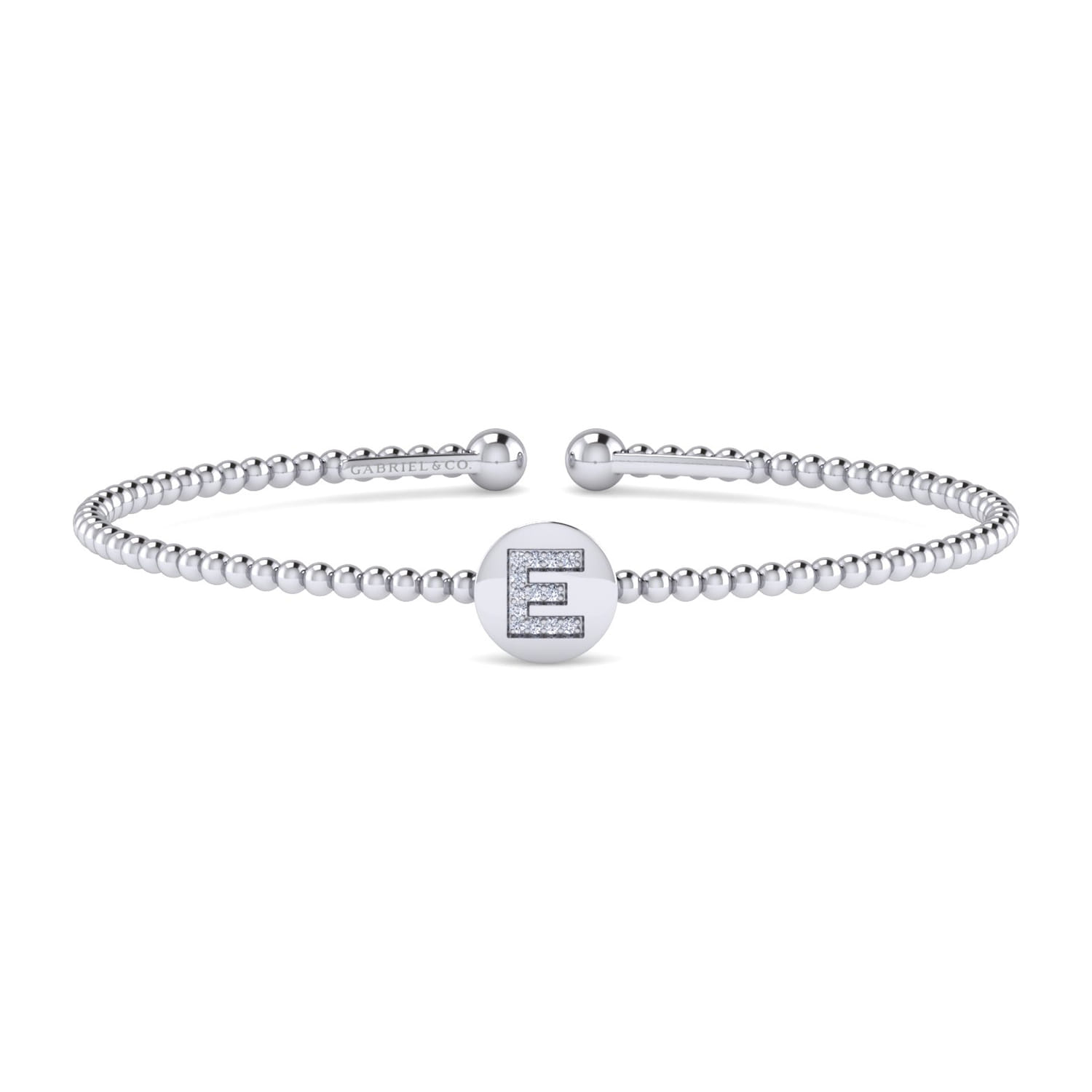 14K White Gold Round E Initial Diamond Bujukan Cuff Bracelet - 0.05 ct - Shot 1