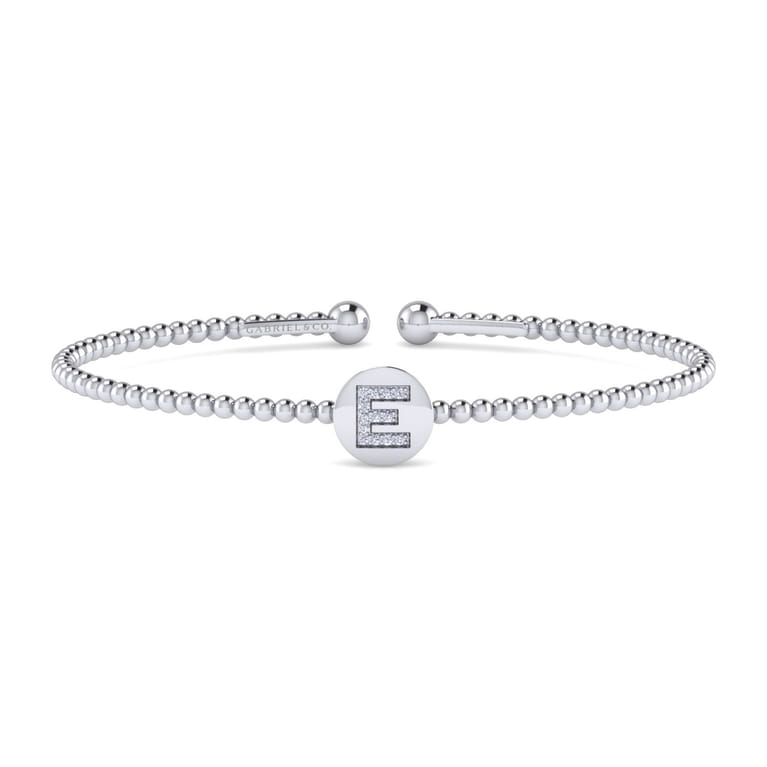 14K White Gold Round E Initial Diamond Bujukan Cuff Bracelet - 0.05 ct - Shot 1