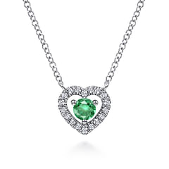 14K White Gold Round Emerald and Diamond Heart Pendant Necklace