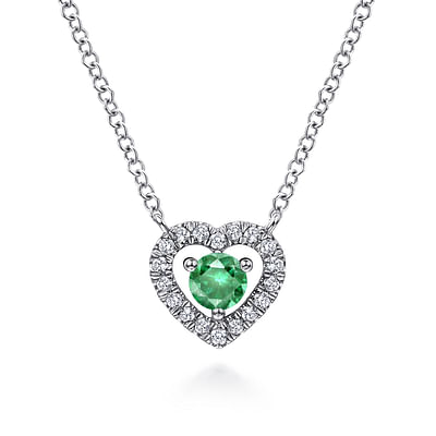 14K White Gold Round Emerald and Diamond Heart Pendant Necklace