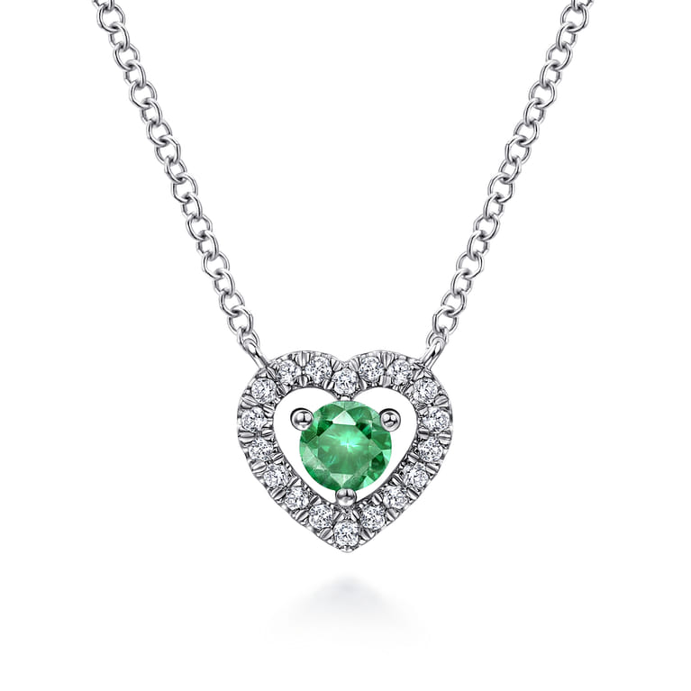 14K White Gold Round Emerald and Diamond Heart Pendant Necklace - 0.09 ct - Shot 1