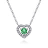 14K White Gold Round Emerald and Diamond Heart Pendant Necklace - 0.09 ct