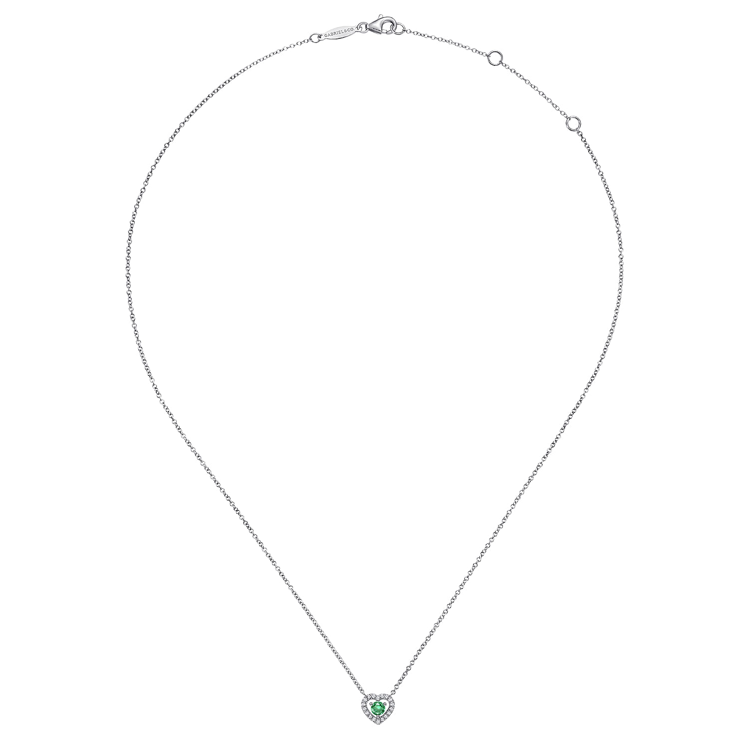 14K White Gold Round Emerald and Diamond Heart Pendant Necklace