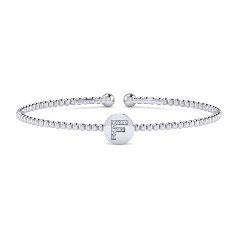 14K White Gold Round F Initial Diamond Bujukan Cuff Bracelet - 0.04 ct - Shot 1