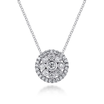 14K White Gold Round Floral Diamond Pendant Necklace