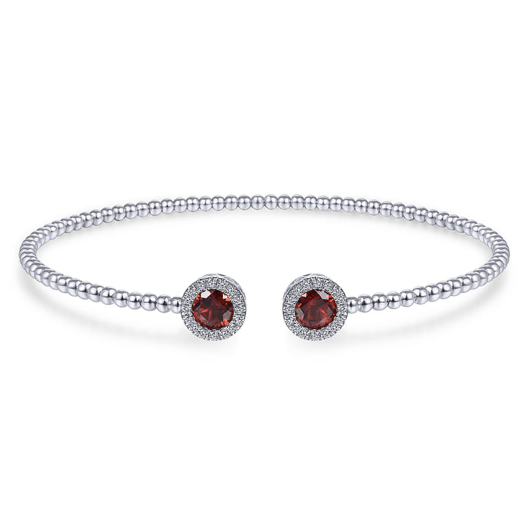 14K White Gold Round Garnet and Diamond Halo Bujukan Bangle - 0.16 ct - Shot 1