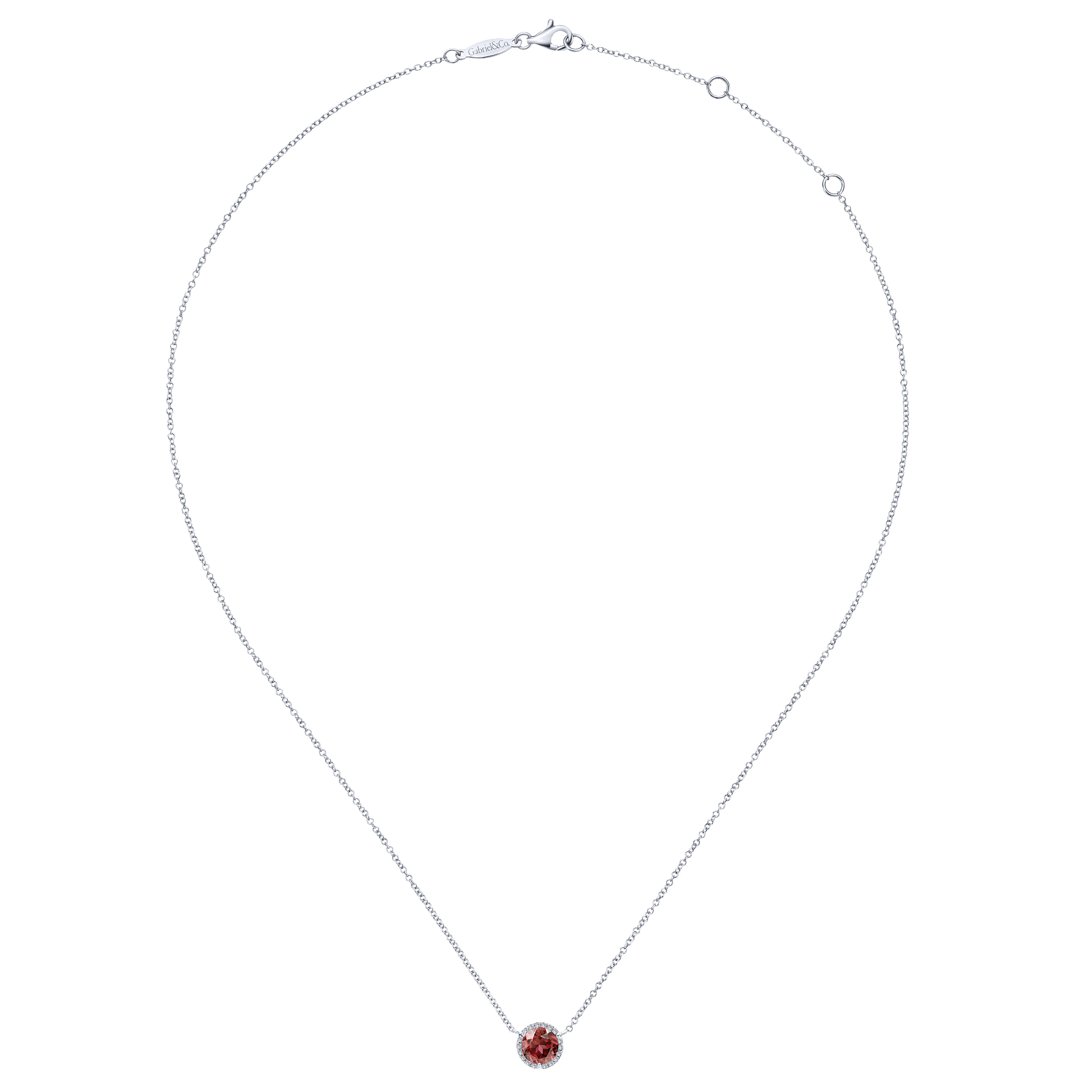 14K White Gold Round Garnet and Diamond Halo Pendant Necklace