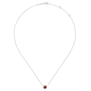 14K White Gold Round Garnet and Diamond Halo Pendant Necklace