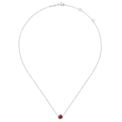 14K White Gold Round Garnet and Diamond Halo Pendant Necklace