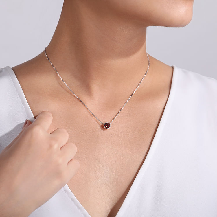 14K White Gold Round Garnet and Diamond Halo Pendant Necklace