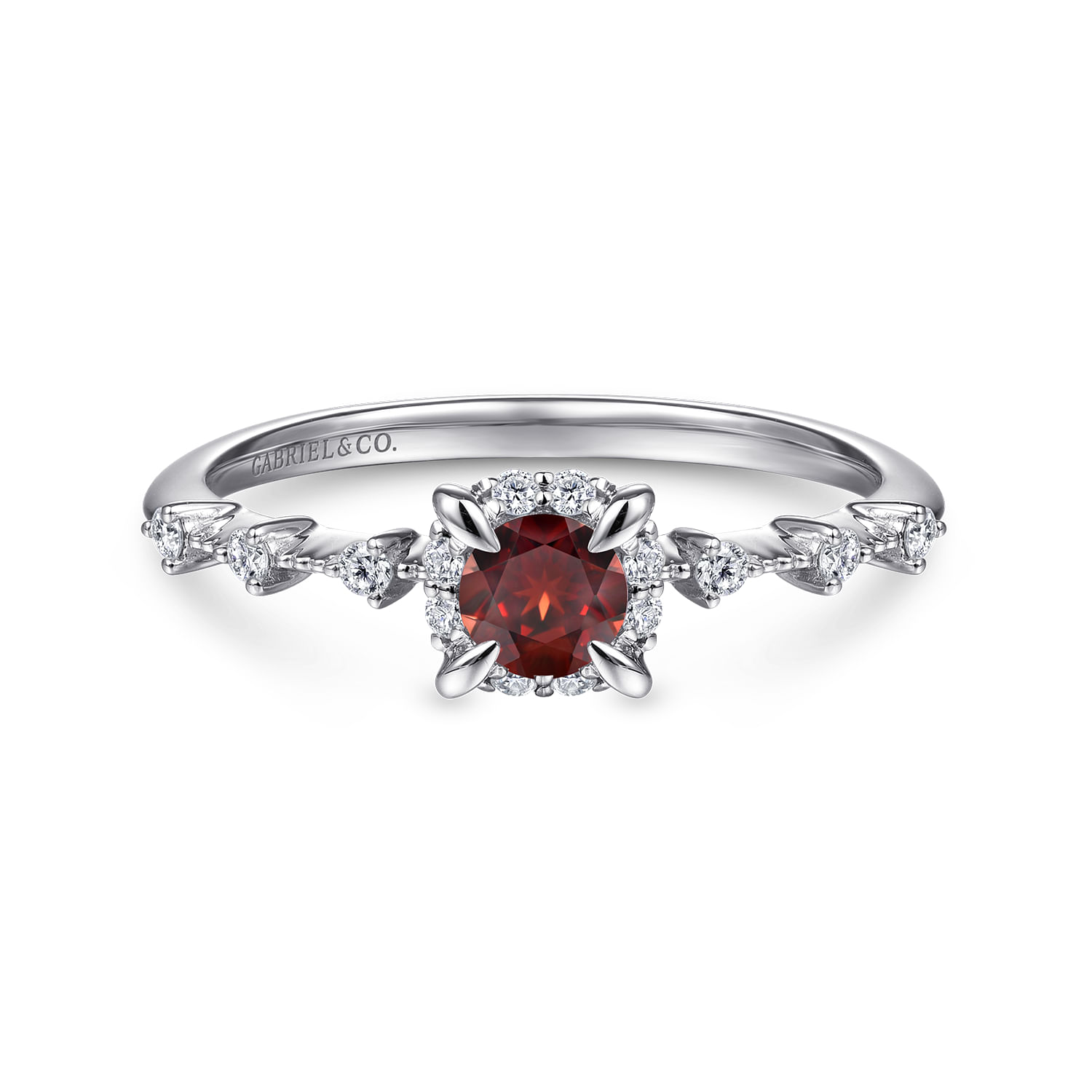 14K White Gold Round Garnet and Diamond Halo Ring