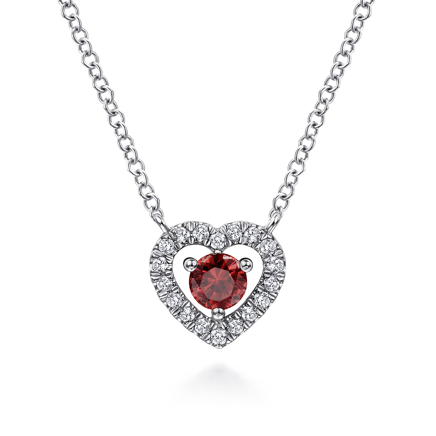 14K White Gold Round Garnet and Diamond Heart Pendant