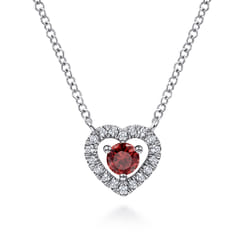14K White Gold Round Garnet and Diamond Heart Pendant Necklace
