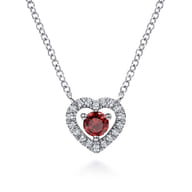 14K White Gold Round Garnet and Diamond Heart Pendant Necklace