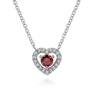 14K White Gold Round Garnet and Diamond Heart Pendant Necklace
