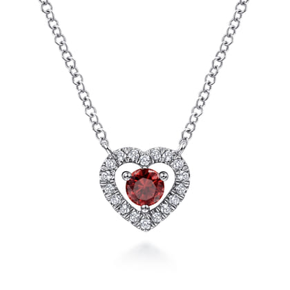 14K White Gold Round Garnet and Diamond Heart Pendant Necklace