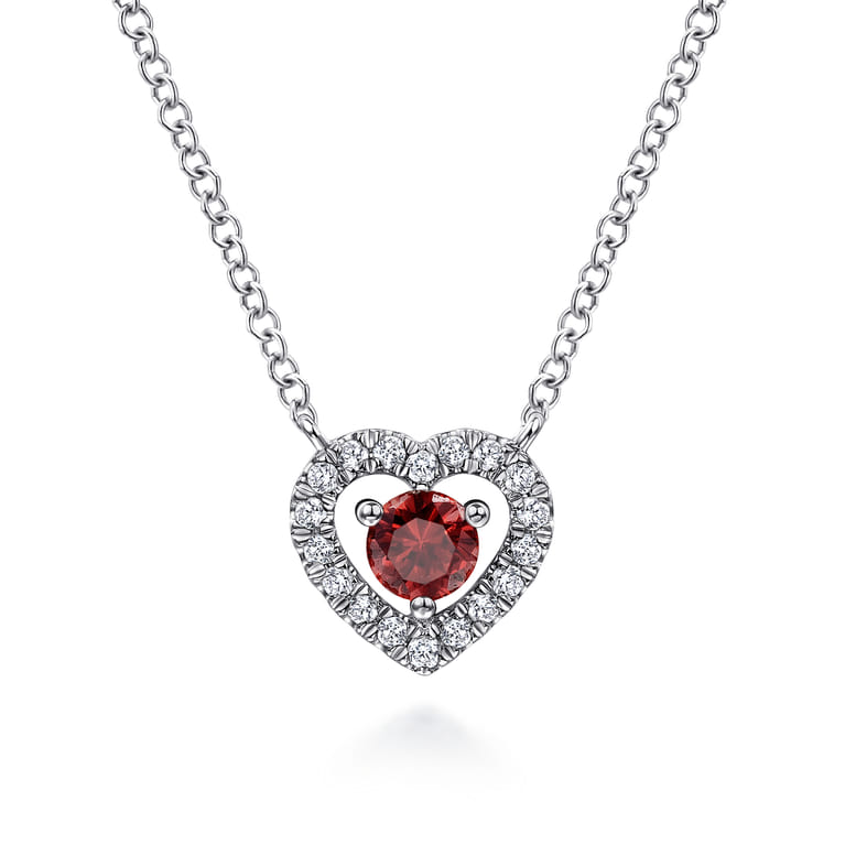 14K White Gold Round Garnet and Diamond Heart Pendant Necklace - 0.09 ct - Shot 1