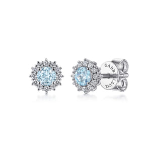 14K White Gold Round Halo Aquamarine and Diamond Stud Earrings