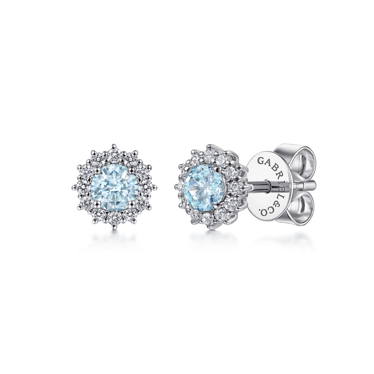 14K White Gold Round Halo Aquamarine and Diamond Stud Earrings - 0.24 ct - Shot 1
